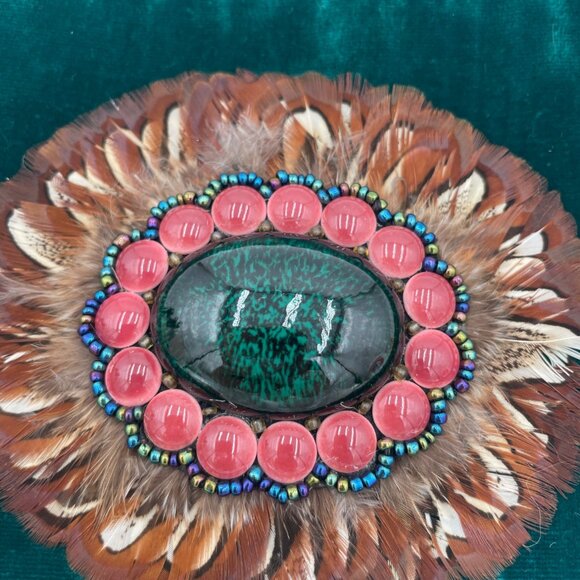 Handcrafted Boho Artisan Green Velvet Beaded Bag Feather Gem Bead Fringe Beaded - Picture 2 of 6